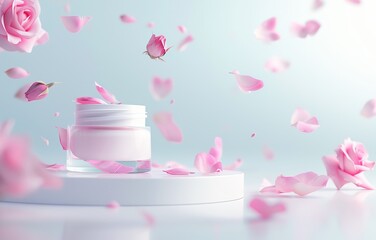 Open Jar of Luxurious Rose-Scented Cream Surrounded by Fresh Pink Petals