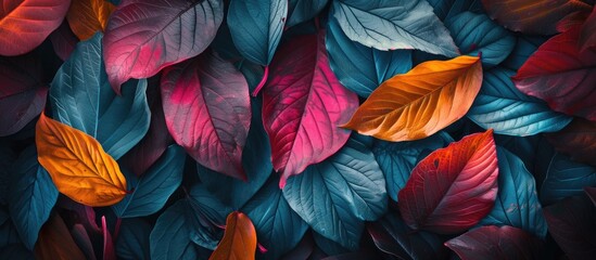 A close-up photograph showcasing a collection of vivid, colorful leaves placed closely next to each other. The leaves vary in shades and sizes, creating a visually striking pattern.