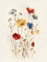 Vintage Pressed wildflowers design on a white background, Boho Cottagecore, Pastel Botanical Floral