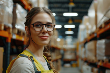 Happy American female warehouse worker looks at camera