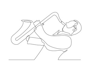 Continuous single line sketch drawing of man musician classic jazz playing trumpet saxophone music instrument. One line classic royal jazz orchestra vector illustration