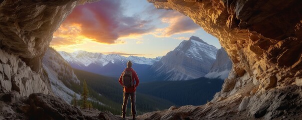 A male adventurer is enjoying the view from inside a cave on a mountain. - obrazy, fototapety, plakaty