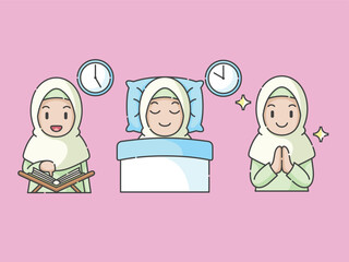 Ramadan activity girl vector arts. Islamic activities in daily life. Cartoon character for kids