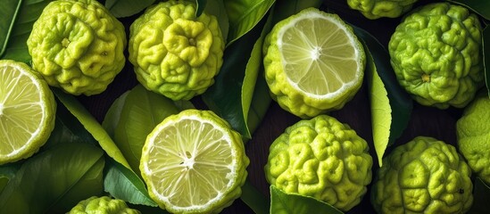 The photo depicts a cluster of limes with their green leaves arranged around them. The vibrant colors and textures of the fruit and foliage are showcased in this close-up shot.