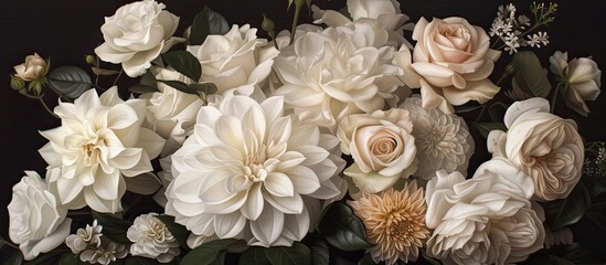 A cluster of white flowers, including roses, gardenias, and dahlias, contrasts strikingly against a black background. The delicate petals and intricate details of each bloom are highlighted in this