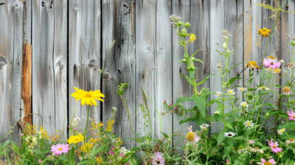 A closeup of a wooden fence partially obscured by overgrown weeds and wildflowers leading up to a weathered barn with a rustic charm.