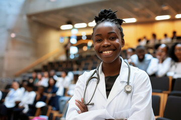 Happy black medical student in amphitheater looking at camera - obrazy, fototapety, plakaty
