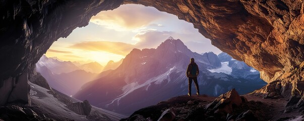 A male adventurer is enjoying the view from inside a cave on a mountain. - obrazy, fototapety, plakaty