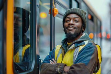 Happy bus driver standing with arms crossed at looking at camera