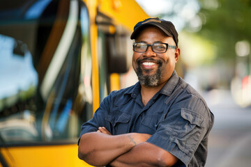 Happy bus driver standing with arms crossed at looking at camera