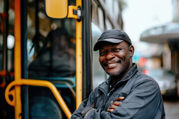 Happy bus driver standing with arms crossed at looking at camera