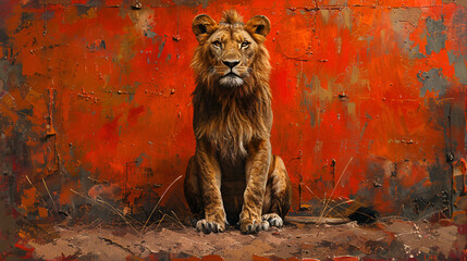 Furious lion sitting with wall, Generative AI