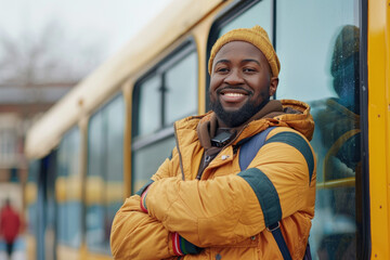 Happy bus driver standing with arms crossed at looking at camera