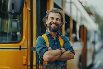 Happy bus driver standing with arms crossed at looking at camera