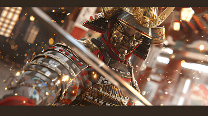 Craft a stunning 3D anime image showcasing a skilled samurai in traditional armor, wielding a gleaming katana with golden accents. The background feature intricate Japanese art and calligraphy.