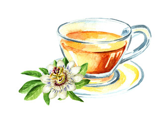 Herbal tea with fresh Passiflora plant, Passion flower. Hand drawn watercolor illustration isolated on white background