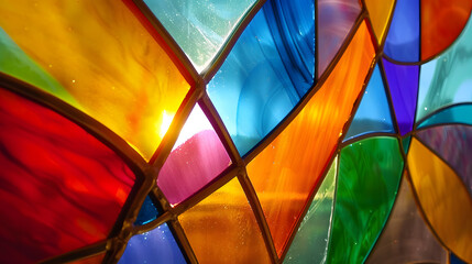 A stained glass window that is part of a larger work of art. The relationship between the window and the other elements of the work clear and easy to understand.