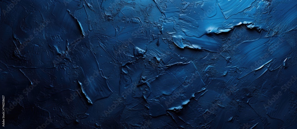 Poster An abstract dark blue painted texture on a gypsum wall, featuring an uneven surface ideal for presentation and design.