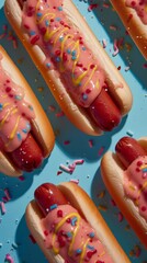 A bunch of hot dogs topped with colorful sprinkles and ketchup on a plate