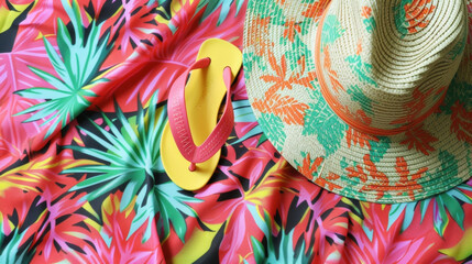 Embracing the tropical heat with a flowy Hawaiian print s floppy sun hat and spy sandals.