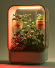 A stylish indoor smart garden pod with an array of lush plants illuminated by soft light