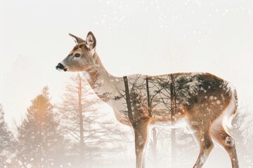 A serene deer overlaid with the soft glow of a misty forest in a double exposure