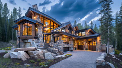 Naklejka premium This mountain home takes full advantage of its location with a design that seamlessly blends into the surrounding nature. The use of stone and wood materials along with large