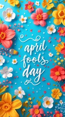 Fototapeta na wymiar A blue background featuring colorful flowers and the text April Fools Day in a festive design