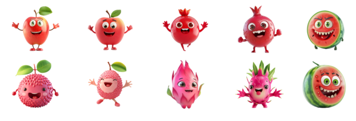 Collection of cartoon fruit characters with expressive faces, including apples, pomegranates, lychees, and a watermelon, isolated on a transparent background