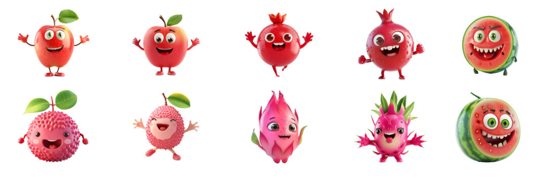 Collection of cartoon fruit characters with expressive faces, including apples, pomegranates, lychees, and a watermelon, isolated on a transparent background