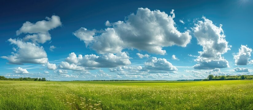 A breathtaking view of vast summer fields meeting the enchanting dance of puffy clouds across the horizon.