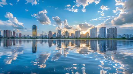 Modern skyscrapers reflect in calm river waters near a bridge under a cloudy sunset sky - obrazy, fototapety, plakaty