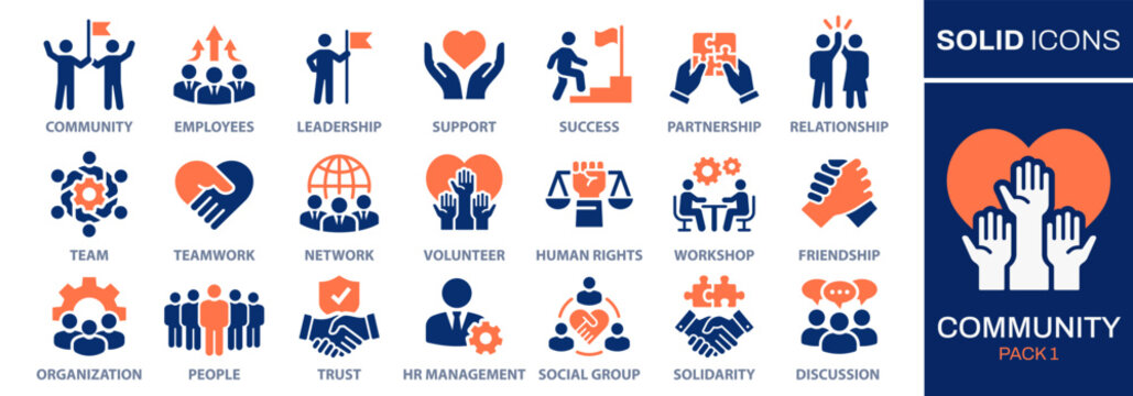 Community icon set. Collection of people, team, partnership, success and more. Vector illustration. Easily changes to any color.