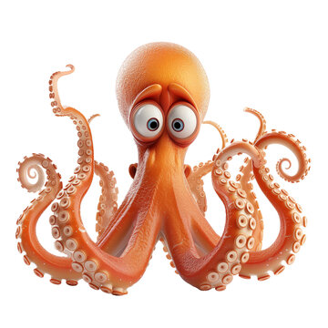 3D illustration of a cute orange octopus with large expressive eyes, isolated on a transparent background, ideal for educational and marine life themed designs