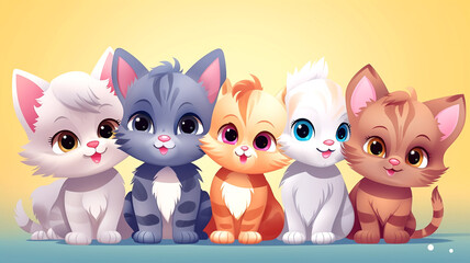Obraz premium cartoon kittens characters friends together for children friendship and play time happy joy as wide banner or poster for daycare and kindergarten and kids