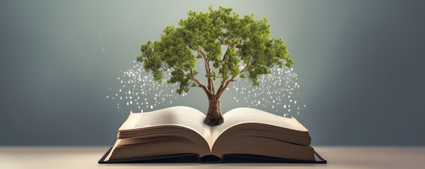 an open book with a tree growing in the middle of the book. education and growth concept. - obrazy, fototapety, plakaty