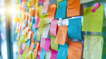 Many different colorful sticky notes on wall in office. Office work or reminder concepts. - obrazy, fototapety, plakaty