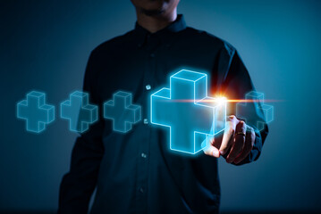 Businessman touching virtual blue plus sign to offer positive thing with thinking mindset or healthcare insurance symbol concept, like benefits, personal development, health insurance, growth concepts
