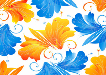 Wrapping paper design, fabric pattern with bright orange-blue flowers on a white background. The illustration is perfect for design and creativity.