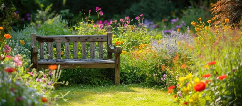 A photo of a simple wooden bench placed in the center of a wild garden, surrounded by blooming flowers and lush greenery. The bench stands as a quaint resting spot in the midst of nature.