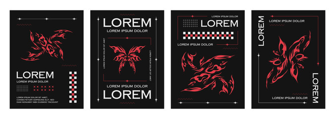 Retro futuristic boho aesthetic banners set. Vector realistic illustration of y2k vibe posters with elegant red floral decoration on black background, abstract butterfly and flower elements on flyers - obrazy, fototapety, plakaty