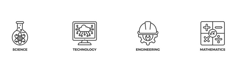 STEM banner web icon illustration concept for science, technology, engineering, mathematics education with icon of flask, microscope, artificial intelligence, processor, machine, and calculator 