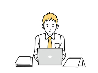 パソコン作業をして働サラリーマン, ビジネスマン, 新卒, 会社員, パソコン, パソコン作業, 男性, 仕事, 働く, 教師, 先生, 人物, 若い, 男性会社員, 会社員の男性, 若い男性, インターネット, ネット, エンジニア, it, ワイシャツ姿, ネクタイ, ビジネス, ビジネスパーソン, 社会人, 会社, デスクワーク, 18歳, 19歳, 20代, イく若い会社員の男性のイラスト