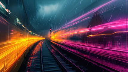 Fototapeta na wymiar Illuminated Night Train in Motion: Dynamic Railway Scene Under Rainy Skies