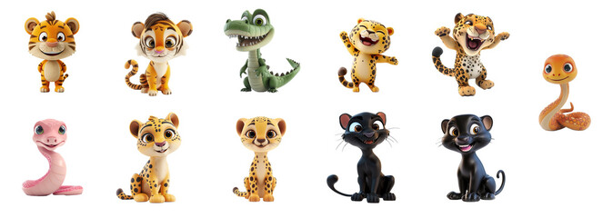 Collection of cartoon exotic animals including tigers, a crocodile, a leopard, a snake, and panthers, isolated on a transparent background, ideal for children's themes and educational content