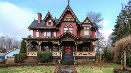 Fototapeta premium Prepare to be awestruck by the striking features of this Victorian Gothic Revival home including intricate woodwork steep gables and a color scheme that evokes a sense of