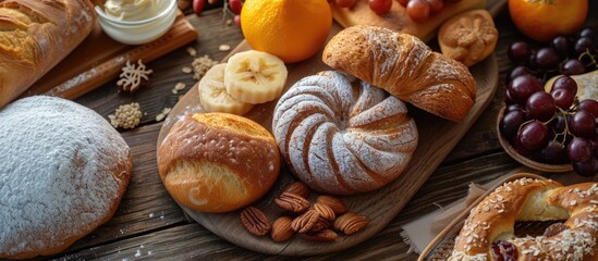 A variety of breads and pastries, accompanied by preserved fruits, showcased on a rustic wooden table.