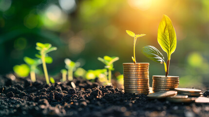 Growing Investments: A Vibrant Image of Plants Sprouting from Coins in Soil, Symbolizing Financial Growth and Sustainable Wealth - obrazy, fototapety, plakaty
