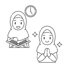 Ramadan activity girl vector arts. Islamic activities in daily life. Cartoon character for kids