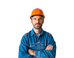 Confident male worker in blue uniform and orange hard hat, Caucasian ethnicity, with arms crossed, isolated on a transparent background